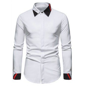 Contrast Colorblock Striped Shirt Long Sleeve Hidden Button Casual Business Shirt