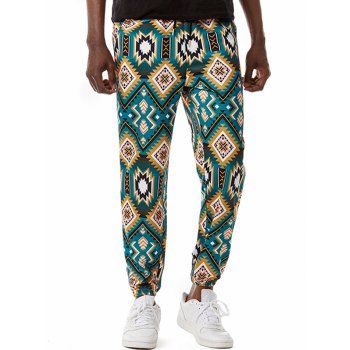 

Bohemian Long Pants Geometric Print Elastic Waist Pockets Beam Feet Pants, Green