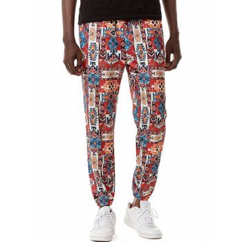 

Bohemian Long Pants Geometric Print Elastic Waist Pockets Beam Feet Pants, Bright orange