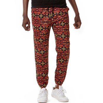 

Bohemian Long Pants Geometric Print Elastic Waist Pockets Beam Feet Pants, Brown