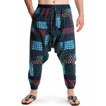 

Ethnic African Print Harem Pants Bohemian Elastic Waist Beam Feet Pockets Pants, Blue