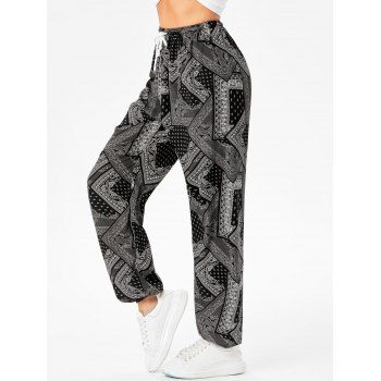 

Vacation Bohemian Chiffon Drawstring Allover Printed Pants, Black