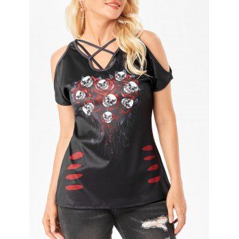 

Heart Rose Print Gothic Cold Shoulder Tee, Black