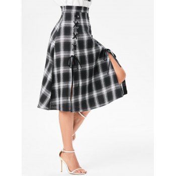 

Plaid Print Lace Up Split Skirt, Black