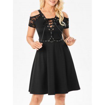 

Gothic Dress See Thru Flower Lace Cold Shoulder Dress Lace Up O Ring Belt Cross Back Mini Dress, Black