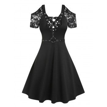 

Gothic Dress See Thru Lace Short Sleeve Cold Shoulder Dress Lace Up O Ring Belt Cross Back Mini Dress, Black