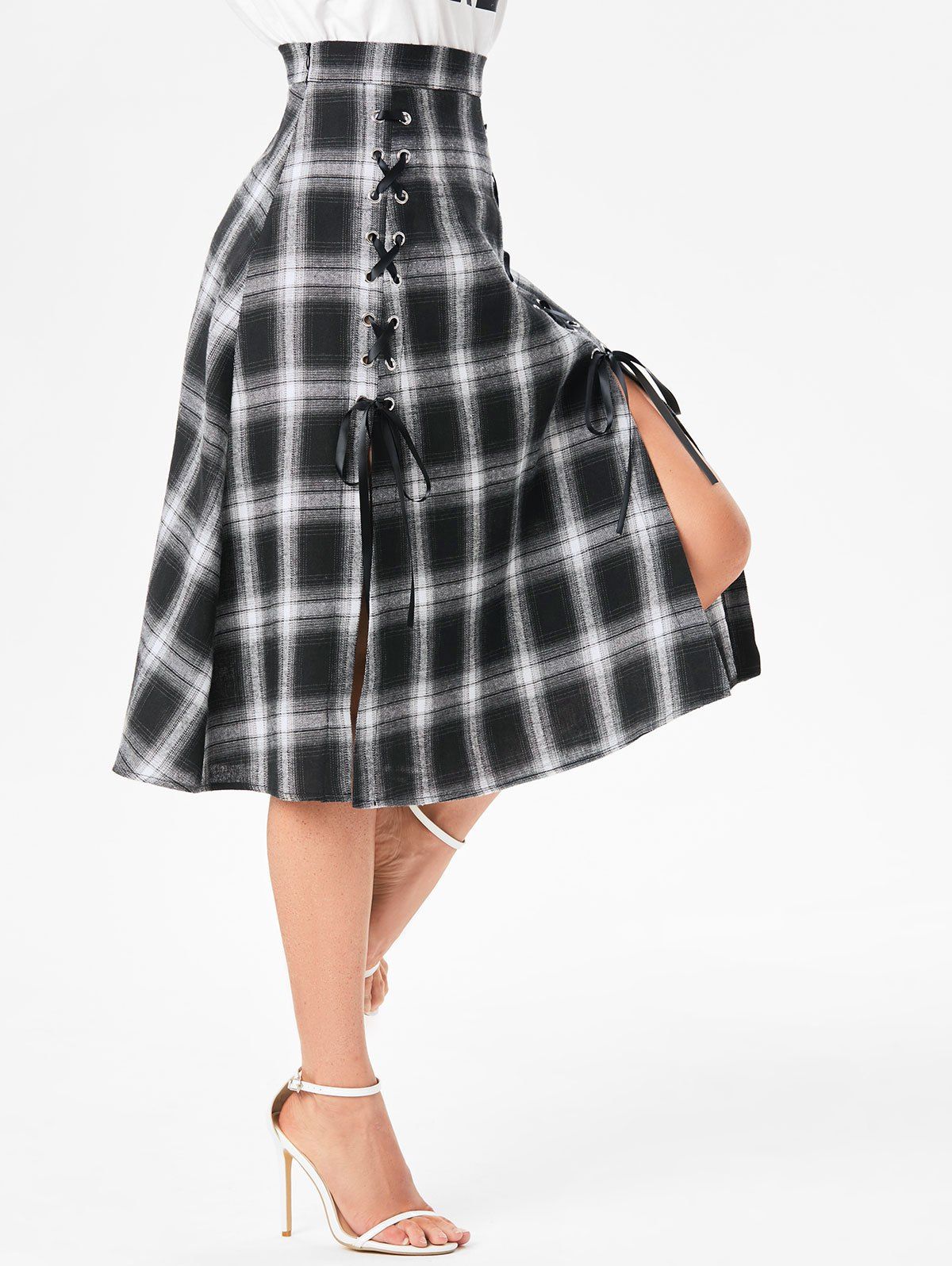Plaid Print Lace Up Split Skirt - BLACK M