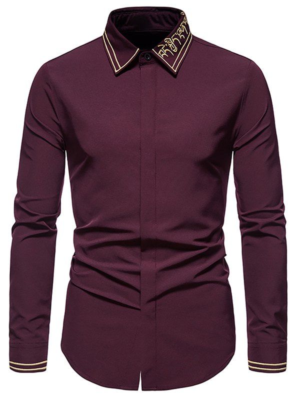 Contrast Letter Stripe Embroidery Shirt Long Sleeve Hidden Button Casual Business Shirt - RED WINE XXL