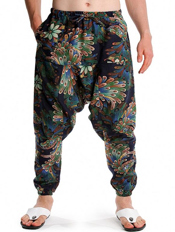 Pantalon Sarouel à Taille Elastique avec Poches à Imprimé Ethnique Africain - Vert Foncé XXXL