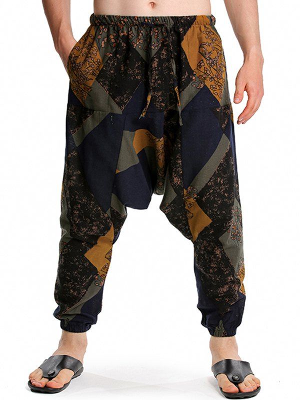 Pantalon Sarouel à Taille Elastique avec Poches à Imprimé Ethnique Africain - Cadetblue L