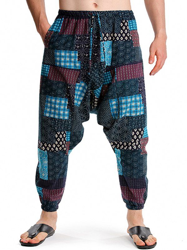 Pantalon Sarouel à Taille Elastique avec Poches à Imprimé Ethnique Africain - Bleu XXL