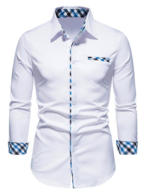Formal Shirt Plaid Insert Turn Down Collar Mock Pockets Long Sleeves Button-up Shirt - WHITE M