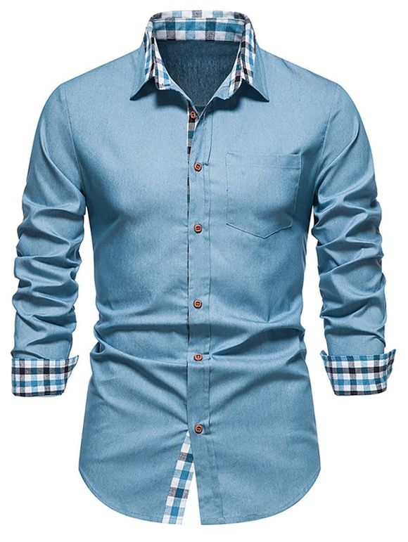 Chemise Boutonnée à Carreaux à Manches Longues avec Poches - Bleu clair L