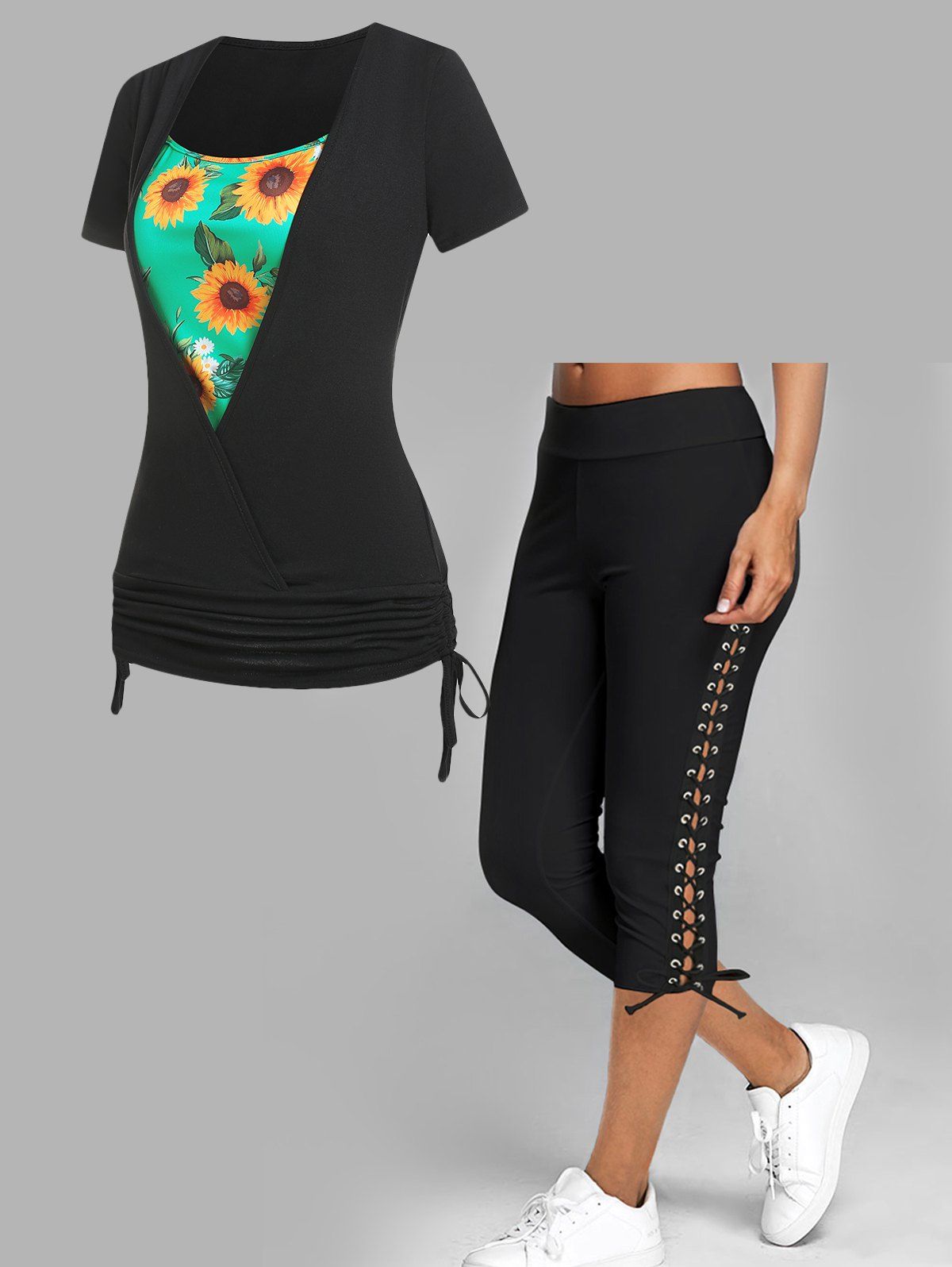 Surplice Tee Cinched Tie Ruched Sunflower Floral Print Faux Twinset T Shirt and Lace Up Skinny Crop Leggings Casual Summer Outfit - BLACK S