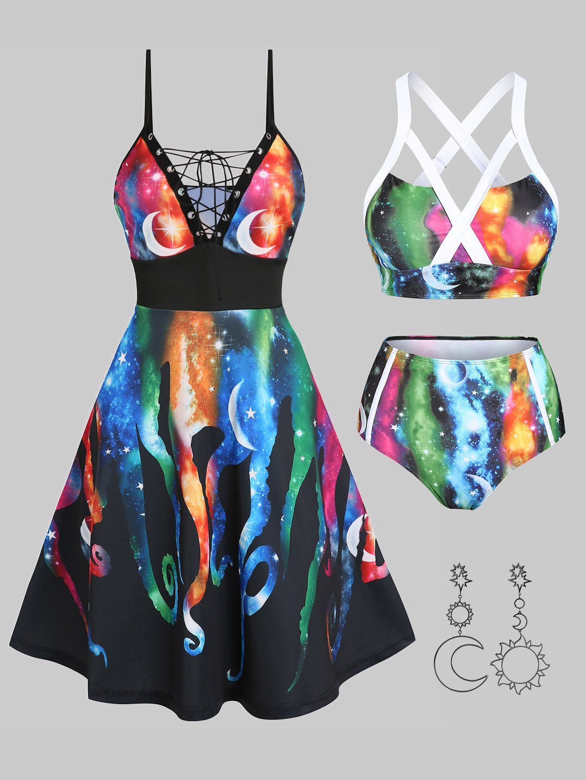 Galaxy Octopus Print Dress Tummy Control Cross Swimsuit And Moon Sun Drop Earrings Outfit - multicolor S