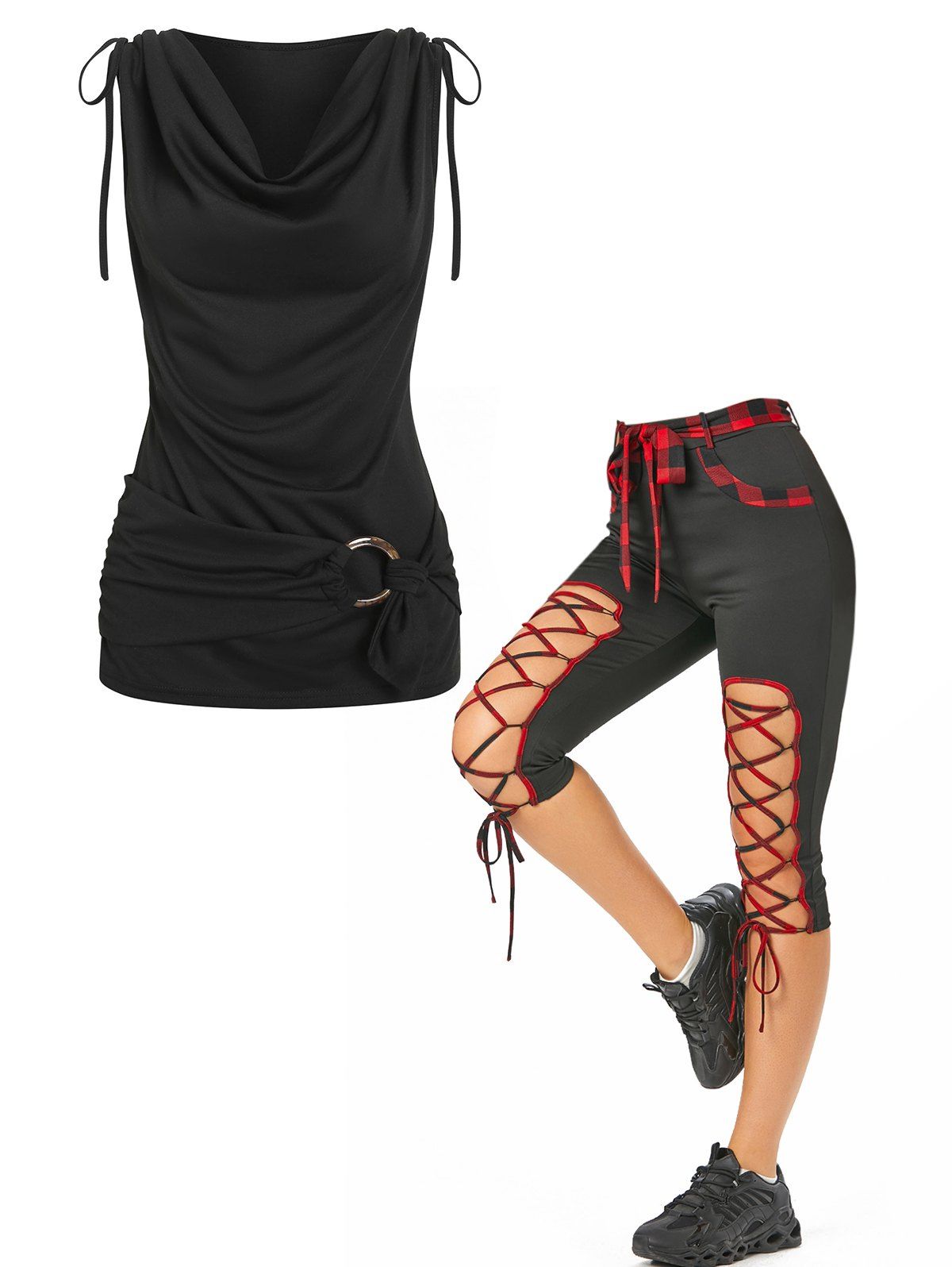 Cowl Neck Cinched Tie O Ring Gothic Tank Top And Plaid Lace Up Capri Leggings Outfit - BLACK S