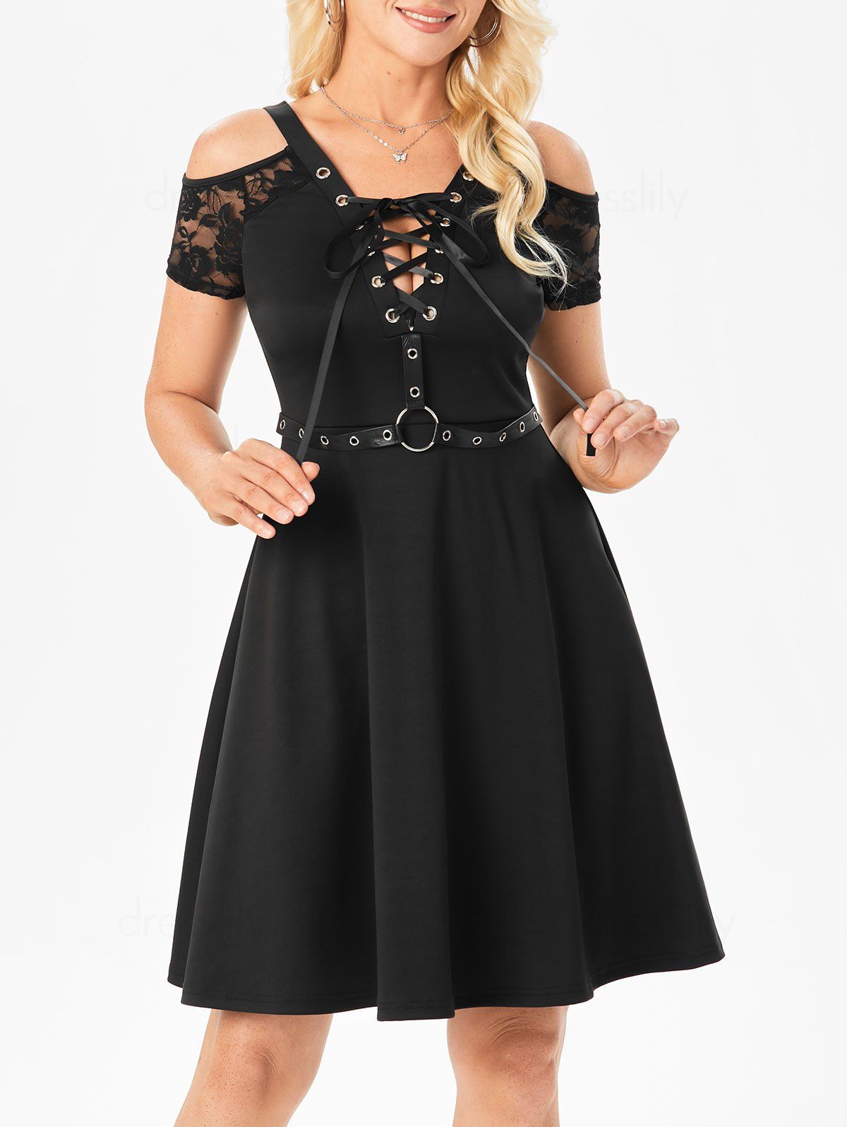Gothic Dress See Thru Flower Lace Cold Shoulder Dress Lace Up O Ring Belt Cross Back Mini Dress - BLACK M