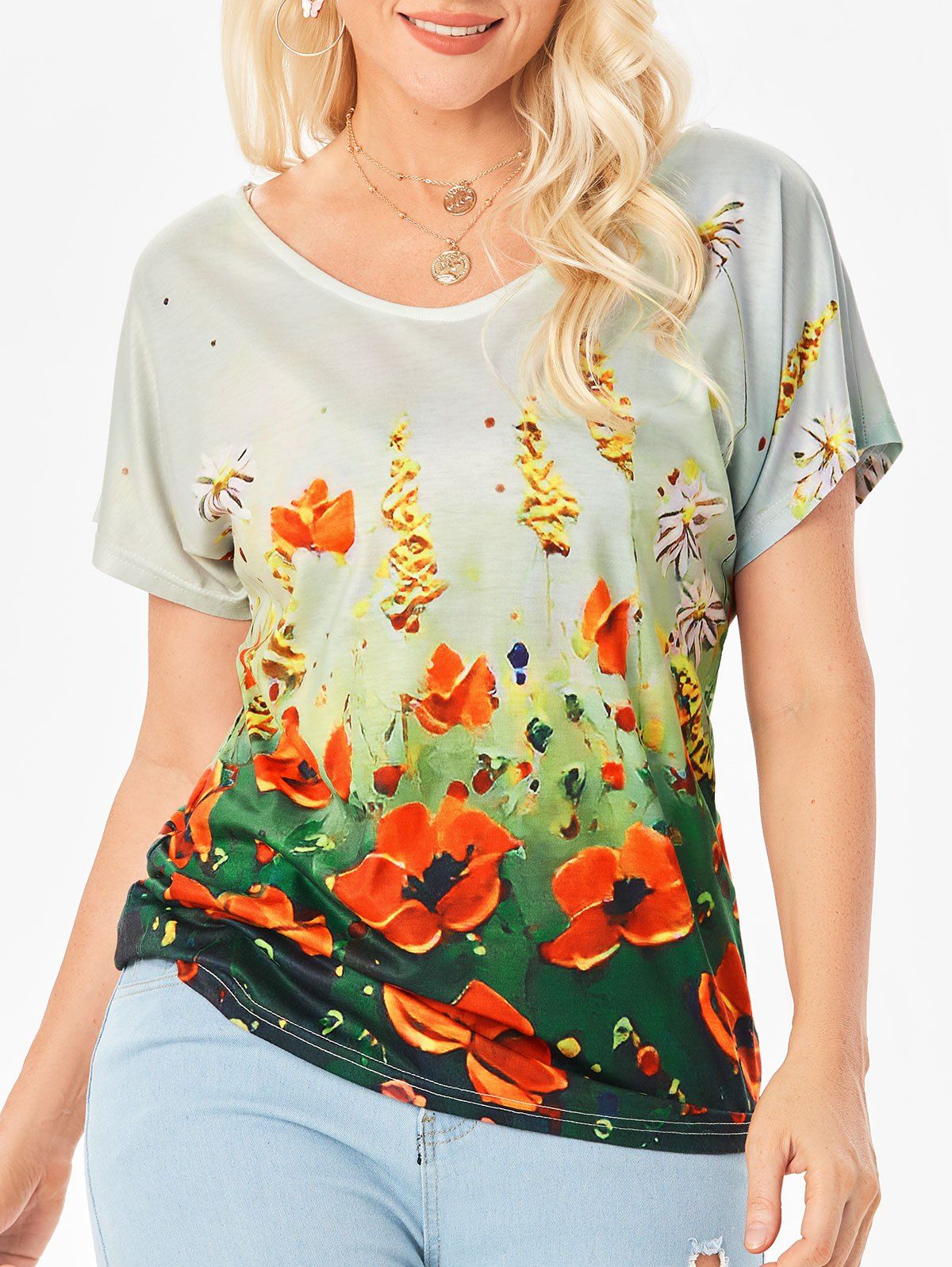 T-shirt Décontracté Ombré à Imprimé Fleur à Manches Evasées - multicolor M