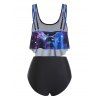 Moon Phase Galaxy Dress Tummy Control Tankini Swimsuit And Layered Tree Moon Pendant Necklace Summer Outfit - multicolor S