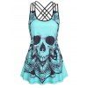Skull Floral Print Crisscross Strappy Gothic Tank Top Lace Up Cut Out Grommet High Waisted Skinny Leggings Casual Summer Outfit - multicolor S
