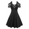 Gothic Dress See Thru Lace Short Sleeve Cold Shoulder Dress Lace Up O Ring Belt Cross Back Mini Dress - BLACK XXL