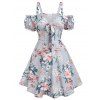 Robe à Imprimé Fleurie de Cottagecore Nouée en Avant à Epaule Dénudée en Ligne A avec Faux Bouton - Bleu clair XXL