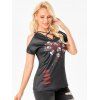 T-shirt Gothique à Imprimé Rose Cœur à Epaule Dénudée - Noir L