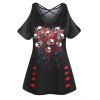 T-shirt Gothique à Imprimé Rose Cœur à Epaule Dénudée - Noir XXXL