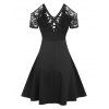 Gothic Dress See Thru Flower Lace Cold Shoulder Dress Lace Up O Ring Belt Cross Back Mini Dress - BLACK M