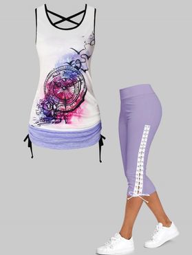 Clock Floral Print Cinched Criss Cross Ringer Tank Top And Lace Up Skinny Crop Leggings Summer Outfit