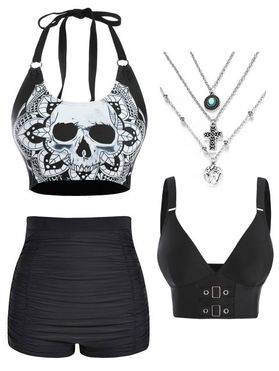 Gothic Bikini Tops Ruched High Waist Swim Bottom And Layered Pendant Chain Necklace Summer Outfit