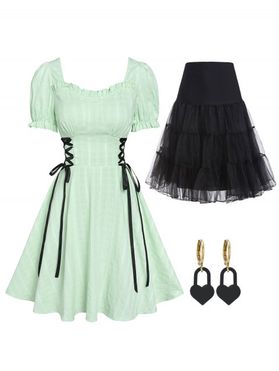 Lace Up Plaid A Line Mini Dress Layered Organza Skirt And Earrings Outfit