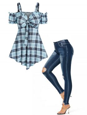 Plaid Print Cold Shoulder Bowknot T Shirt and Pockets Ripped Button Fly Design Dark Wash Jeans Trendy Outfit