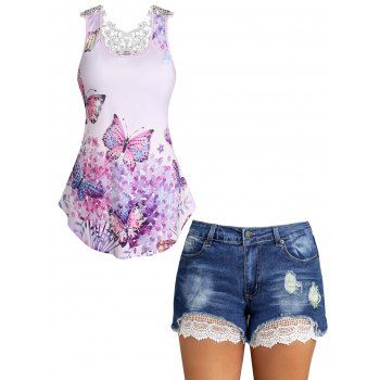 

Floral Butterfly Print Hollow Out Lace Curved Hem Tank Top and Crochet Insert Distressed Denim Shorts Casual Summer Outfit, Multicolor