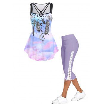 

Bohemian Dreamcatcher Feather Print Tie Dye Cross Curved Hem Tank Top and Lace Up Skinny Crop Leggings Casual Summer Outfit, Multicolor
