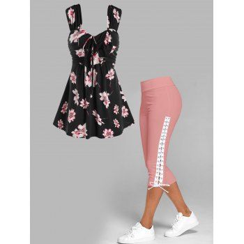

Flower Print Bowknot Ruched Tank Top And Grommet Lace Up Skinny Capri Leggings Summer Outfit, Multicolor