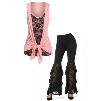 

Flower Lace Panel Bowknot Heathered Tank Top And High Waist Rose Lace Insert Flare Pants Outfit, Multicolor