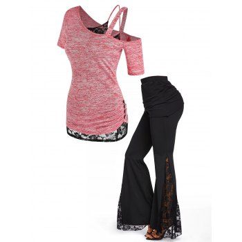 

Space Dye Skew Neck Heather T Shirt Lace Tank Top Set and Flower Lace Insert High Waist Skirted Flare Pants Casual Outfit, Multicolor