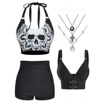 

Gothic Bikini Tops Ruched High Waist Swim Bottom And Layered Pendant Chain Necklace Summer Outfit, Black
