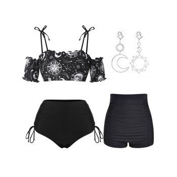 

Celestial Sun Moon Print Cinched Tie Swimsuit High Waist Ruched Swim Shorts And Necklace Summer Outfit, Black