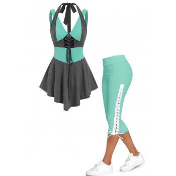 

Contrast Colorblock Tie Back Skirted Heathered Tank Top and Plain Color Lace Up Skinny Crop Leggings Casual Summer Outfit, Green