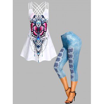 

Butterfly Print Crisscross Strappy Tank Top And 3D Jean Print High Rise Capri Jeggings Summer Outfit, Multicolor