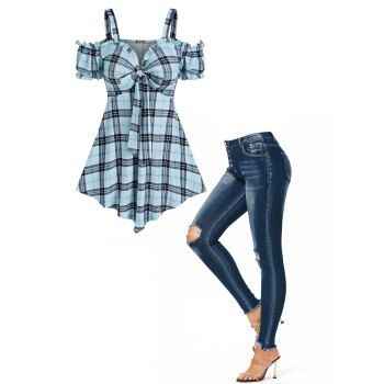 

Plaid Print Cold Shoulder Bowknot T Shirt and Pockets Ripped Button Fly Design Dark Wash Jeans Trendy Outfit, Blue