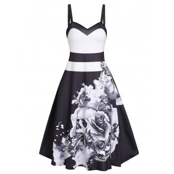 

Summer Gothic A Line Knee Length Dress Skull Print Sleeveless High Waist Sundress, Black