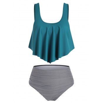 

Plus Size Tummy Control Swimsuit Flounce Hem Striped Tankini Swimwear, Deep green