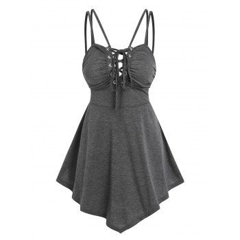 

Ruched Bust Lace Up Tank Top Asymmetrical Skirted Hem Strappy Top, Dark gray