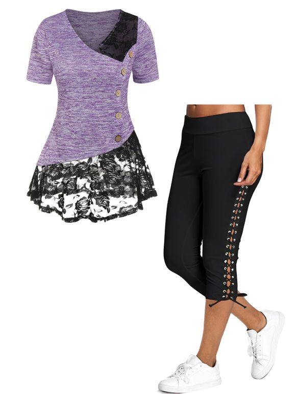 Ensemble d'Eté Décontracté avec T-shirt Asymétrique Contrasté Teinté en Dentelle Transparente et Boutonné et Legging Court - multicolor S