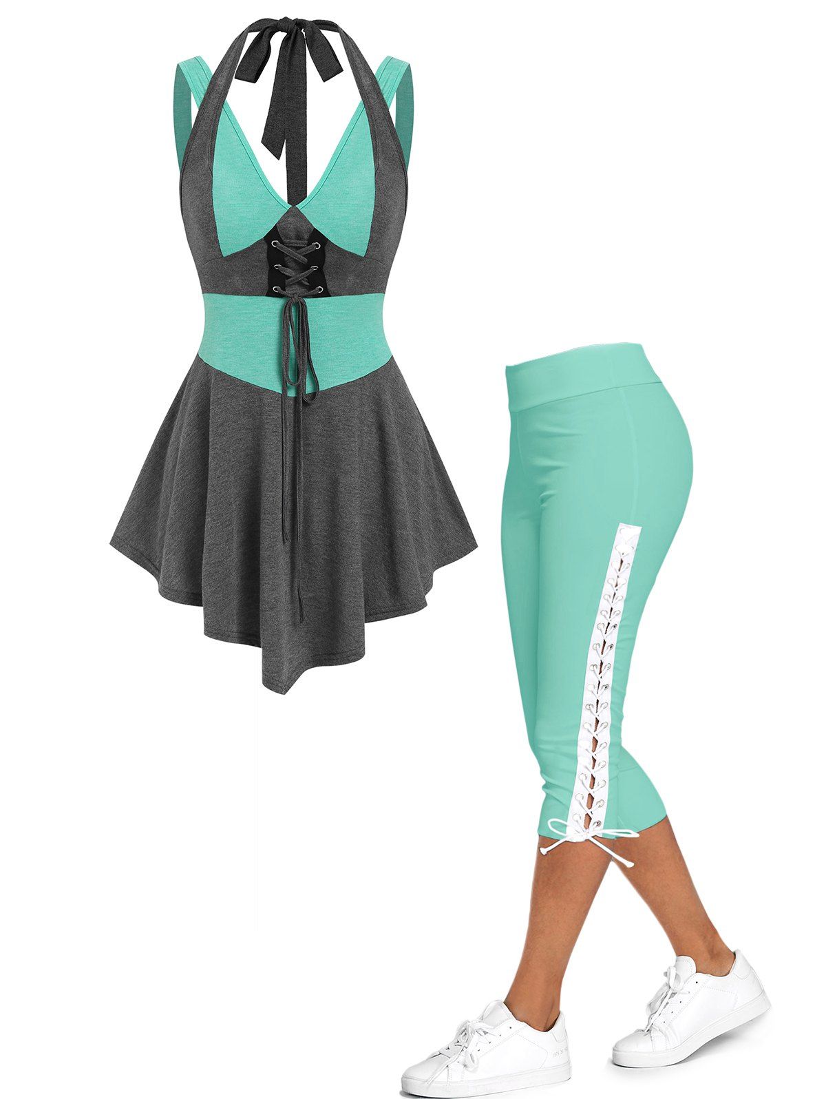 Contrast Colorblock Tie Back Skirted Heathered Tank Top and Plain Color Lace Up Skinny Crop Leggings Casual Summer Outfit - GREEN S