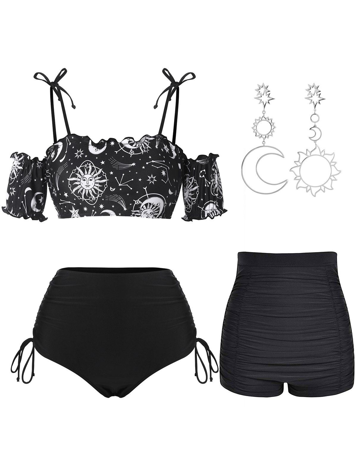 Celestial Sun Moon Print Cinched Tie Swimsuit High Waist Ruched Swim Shorts And Necklace Summer Outfit - BLACK S