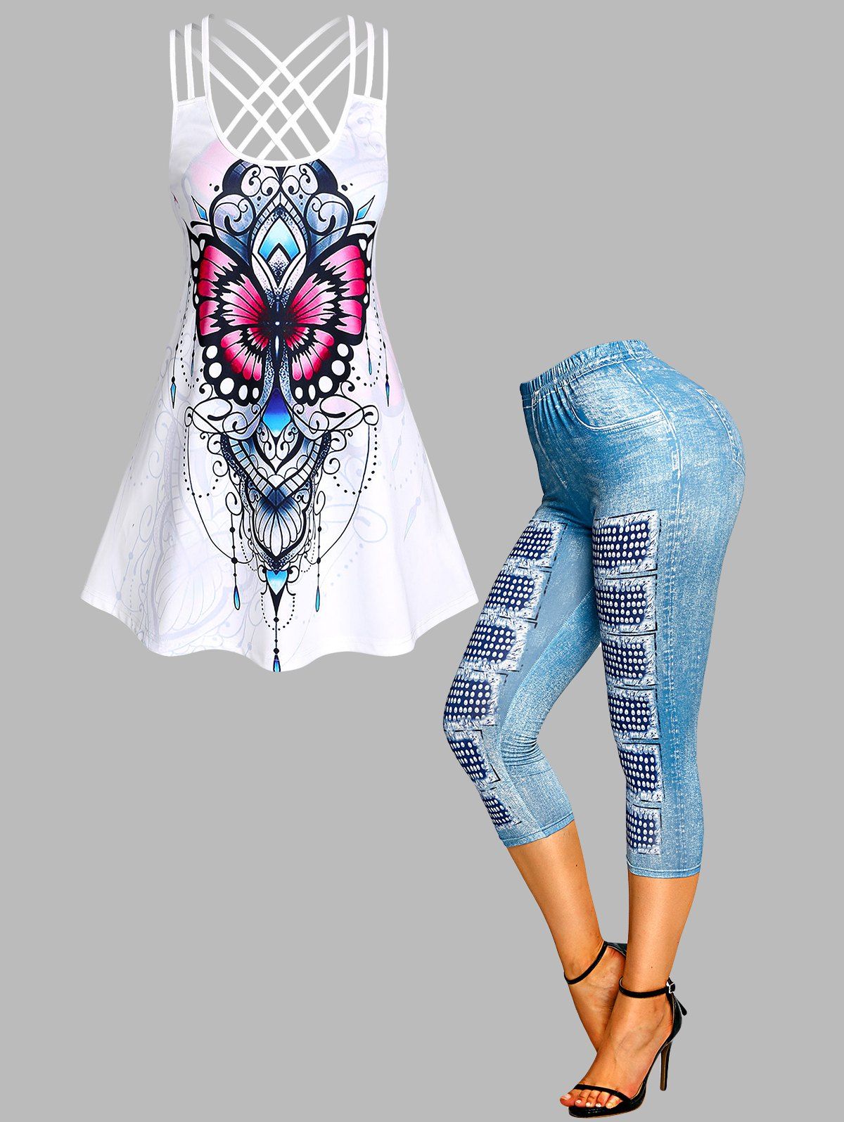 Butterfly Print Crisscross Strappy Tank Top And 3D Jean Print High Rise Capri Jeggings Summer Outfit - multicolor S